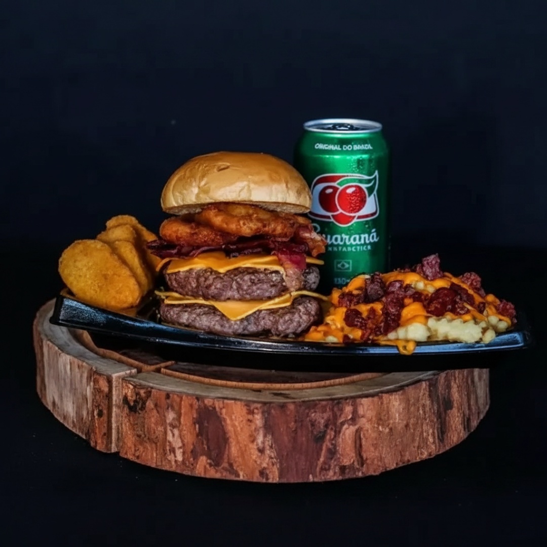 Acompanha Pão de brioche, 2 carnes de 150 gramas, 4 fatias de queijo, barbecue 3 aneis de cebola. Batata turbinada e refri de 350 ml
