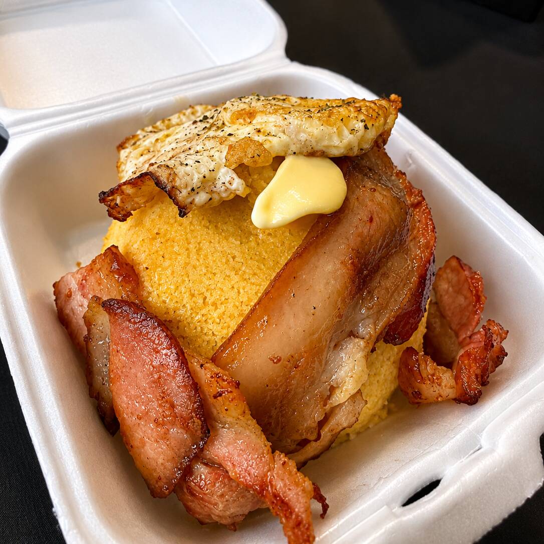 Delicioso e tradicional Cuscuz feito na manteiga com Ovos e Bacon selecionados, ótimo pedido para um café da manhã ou da tarde!!
