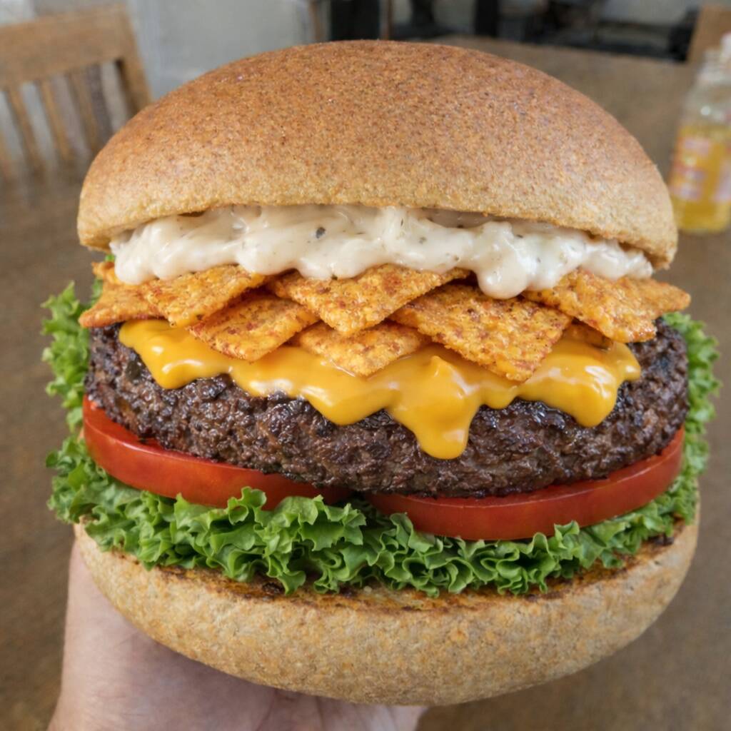 Pão brioche, hambúrguer 160g, queijo mussarela, cheddar cremoso, doritos, bacon fatiado, alface, tomate e maionese artesanal.