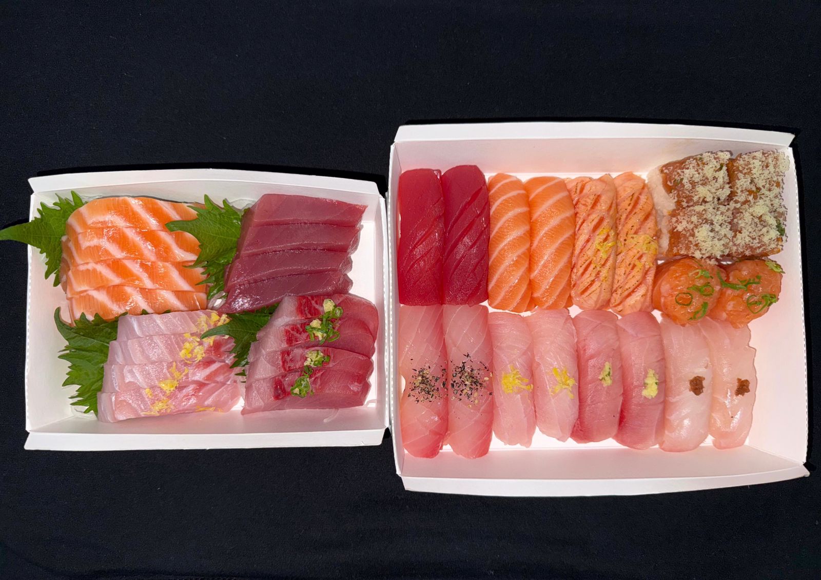 16 sashimis, 14 niguiris, 2 dyo, 4 bateras. Não realizamos troca de peças.