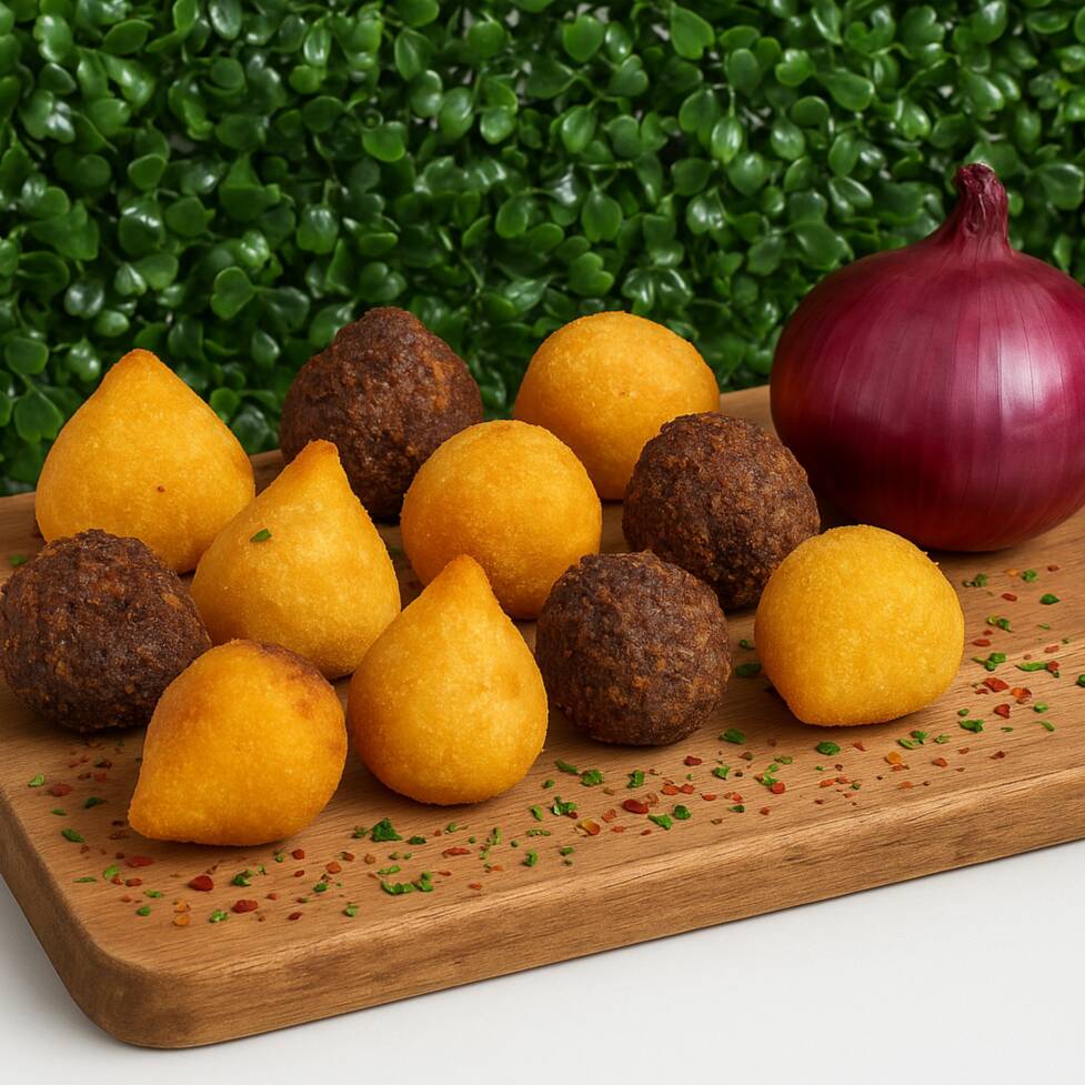 Deliciosos salgadinhos feitos na hora, crocantes por fora e macios por dentro.