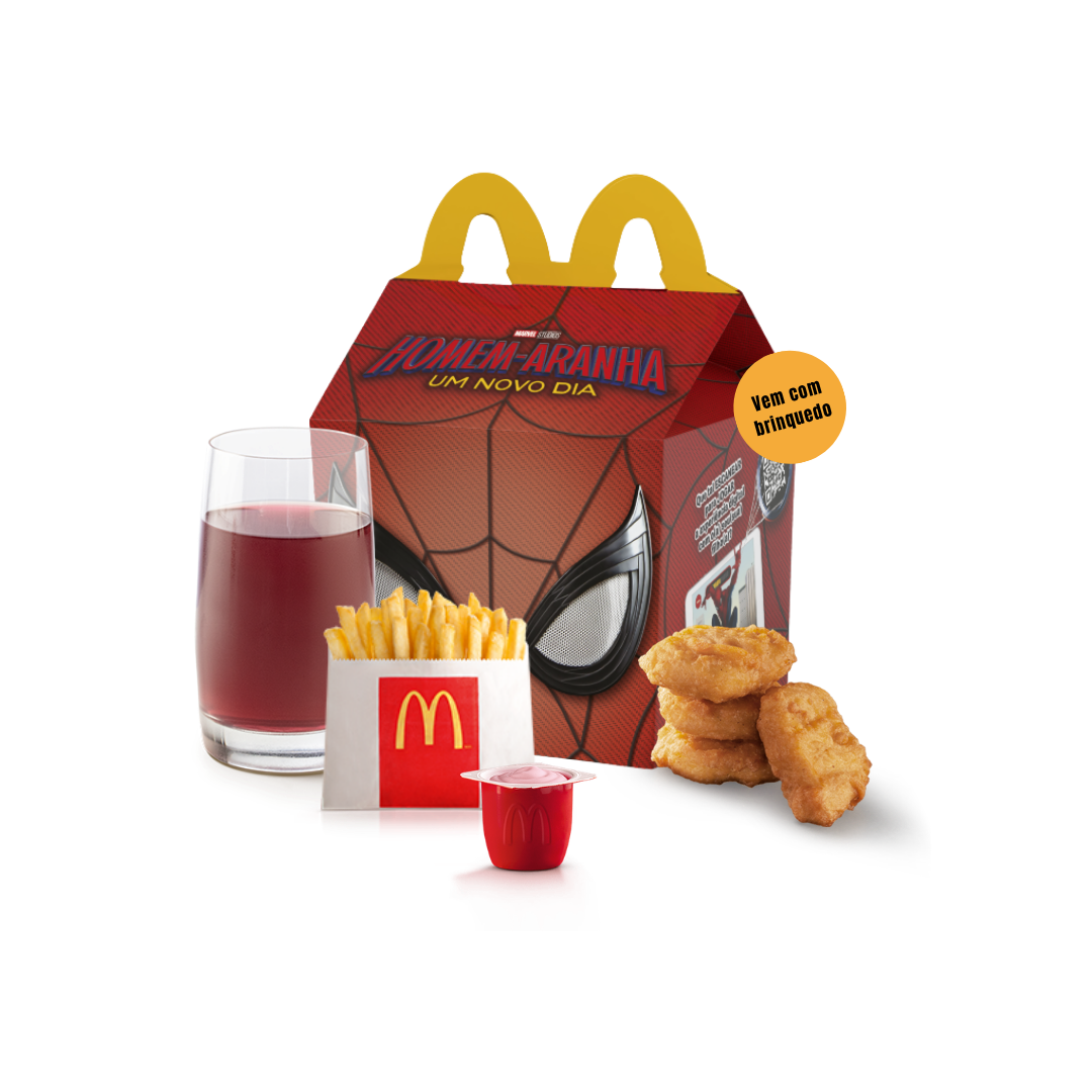 O McLanche Feliz acompanha 4 chicken McNuggets, McFritas como acompanhamento, uma refrescante bebida e Petit Suisse do Méqui como sobremesa. Brinquedo sujeito a disponibilidade de estoque por restaurante. Confira informações nutricionais em: mcdonalds.com.br/cardapio/ mclanche-feliz. Imagem Meramente Ilustrativa Não utilize o campo de observações para fazer alterações de ingredientes, para isso utilize a categoria Especial Para Você.