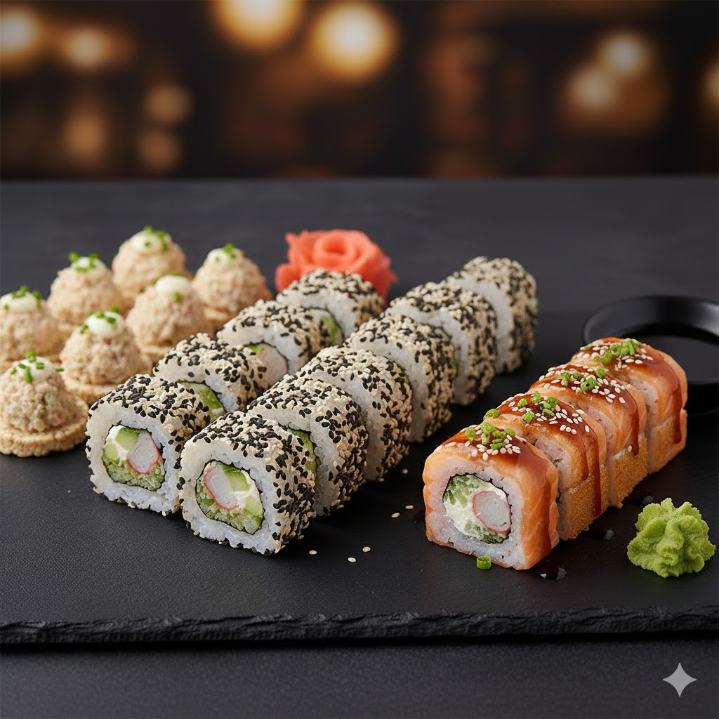 10 canapé kani + 10 uramaki kani+ 5 hossomaki goiabada