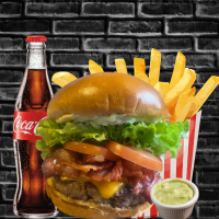 Combo 1 Cheese bacon salada 1 Fritas 250gr 1 Refrigerante 350ml Ingredientes: Pão, burguer de fraldinha 120gr, queijo cheddar, bacon, salada e maionese da casa