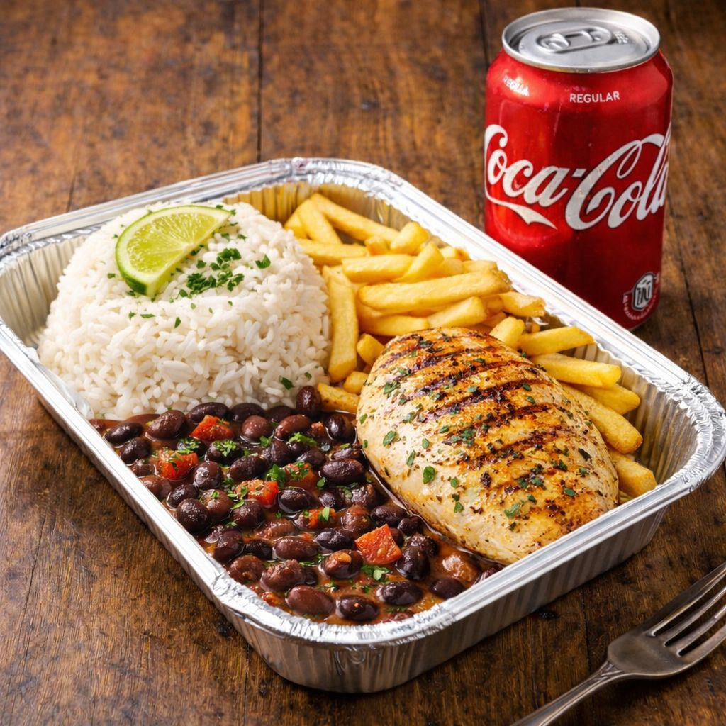 Acompanha arroz soltinho, feijão bem temperado, batata frita dourada e crocante e Coca-Cola 350ml bem gelada.