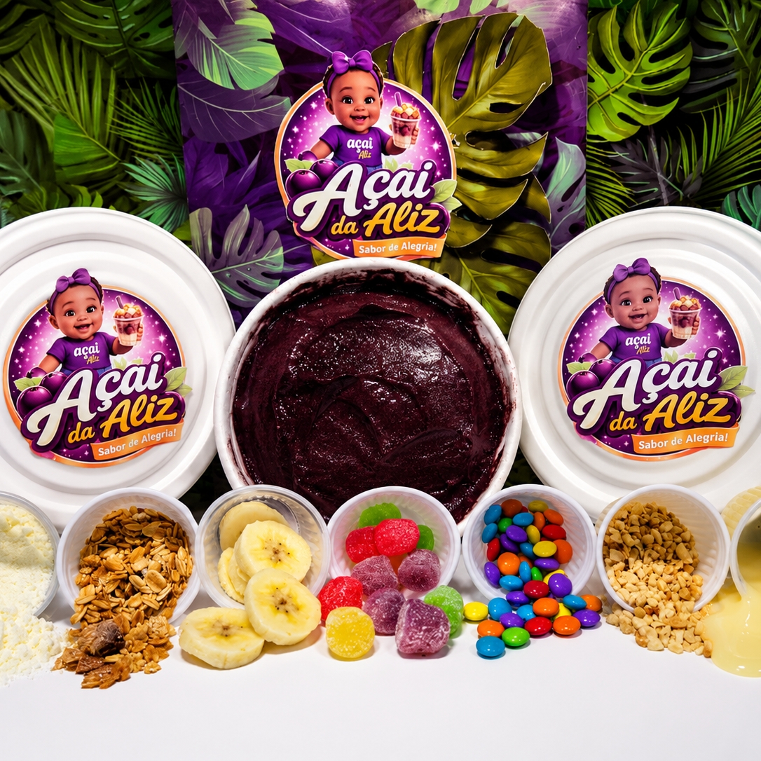 2 cumbucas de 500ml açaí +1 de 300ml de creme
com 10 adicionais ( 2 leite condensado, 2 leite em pó, 2 granola, 2 amendoim e 2 jujuba)