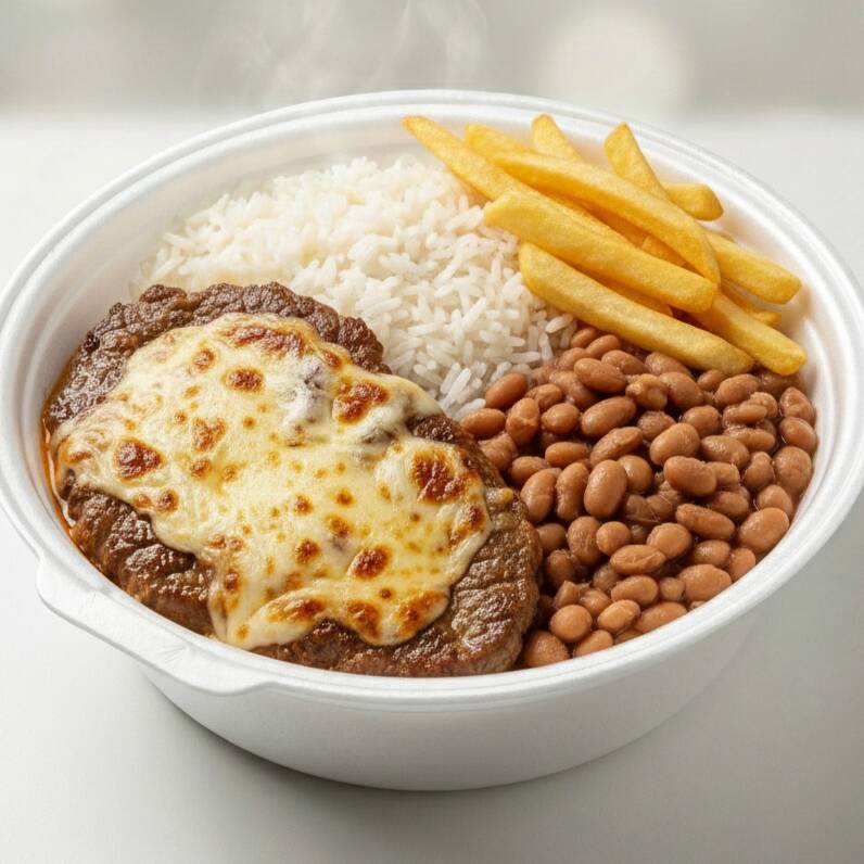 Guarnições: Arroz, Feijão, Batata Frita, Farofa e Salada.