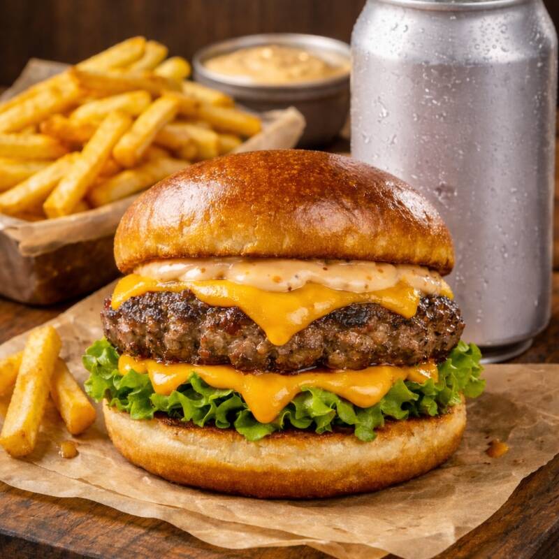 Desfrute de um fome básica suculento acompanhado de batata frita crocante e um refrigerante lata refrescante.