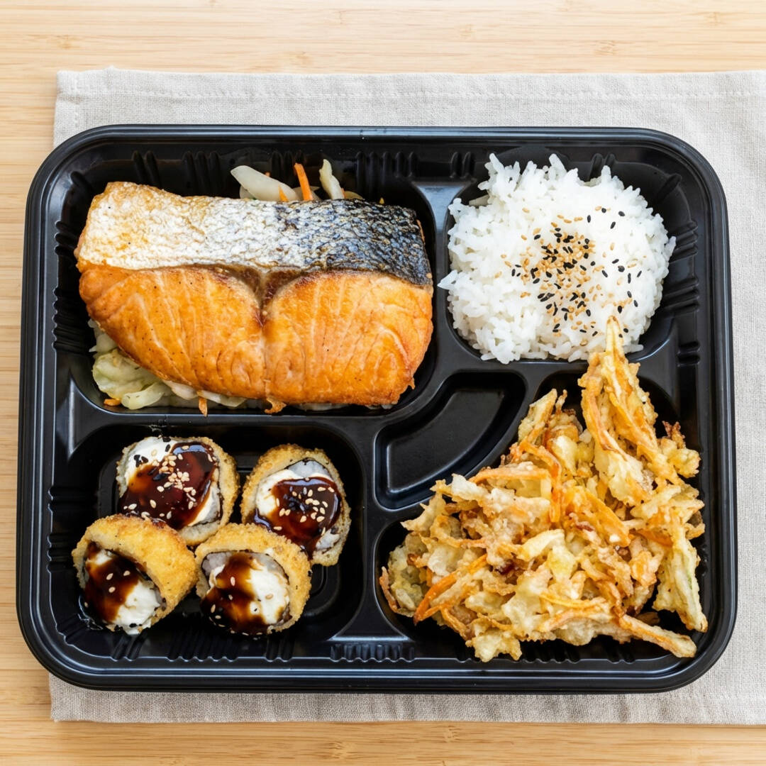 Salmao grelhado+ hott holl + kakiague (legumes empanado) + gohan + coca cola 350ml