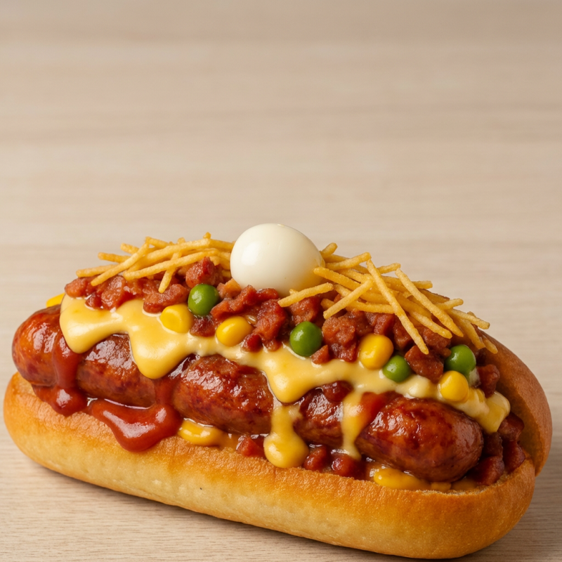 Pão de cachorro quente, 2 linguiça, molho defumado, queijo, bacon, maionese da casa, milho, ervilha, ovo de codorna, azeitona e batata palha, passas Foto Ilustrativa!