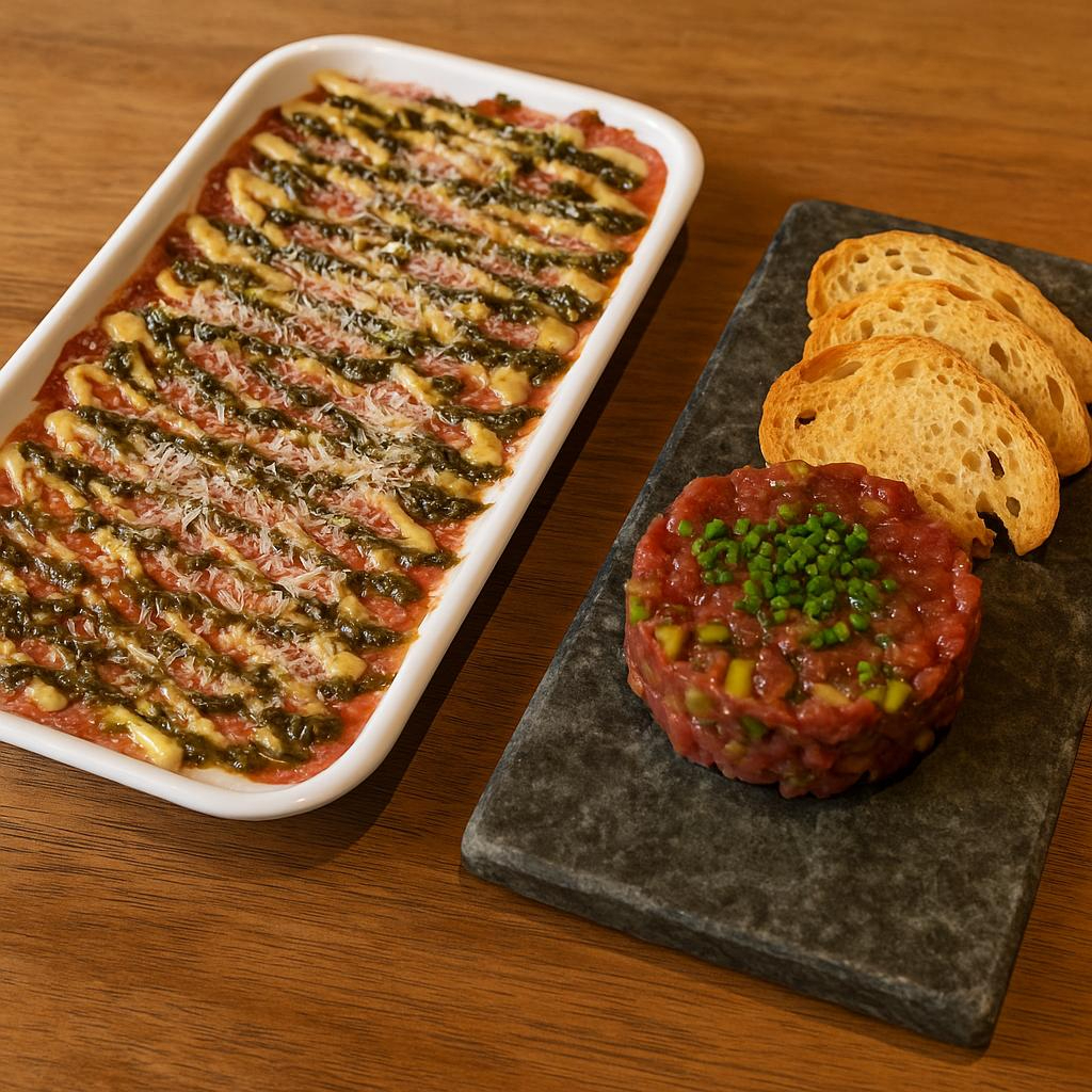 Carne de angus picada na ponta da faca, com grão de cevadinha e temperada com azeite, flor de sal, picles, cebola roxa. marmita acompanha toast da casa + Carpaccio Bovino, uma iguaria italiana preparada com carne bovina macia, parmesão ralado, pesto aromático, alcaparras e um toque especial da nossa maionese de mostarda Dijon. Acompanha nossa irresistível focaccia.