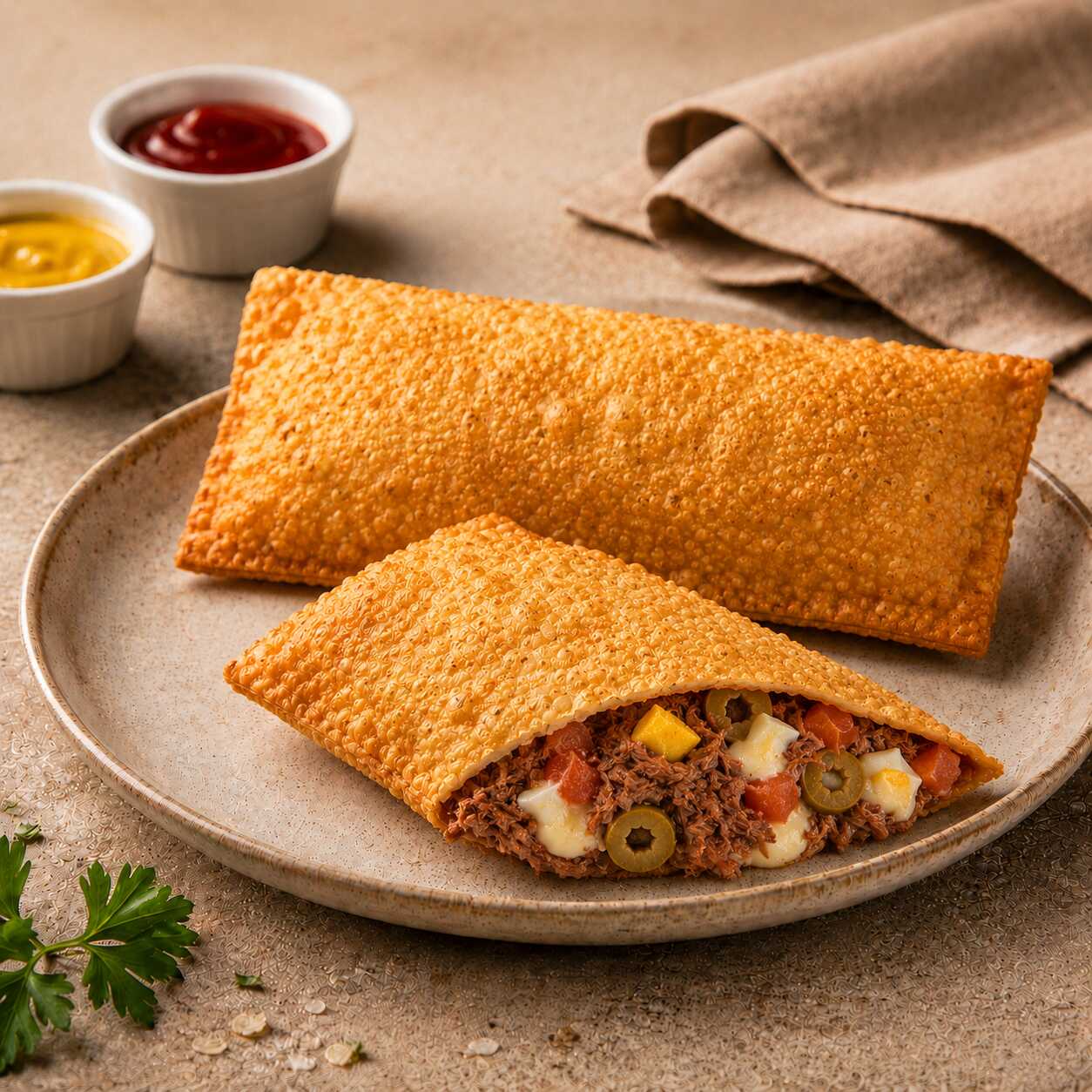 Carne bem temperada, queijo, presunto, tomate, ovo e azeitonas. Um dos clássicos mais pedidos de 21cm completo e caprichado. Uma opção forte e muito saborosa do Pastel da Drica. Escolha seus complementos e deixe ainda mais recheado.
