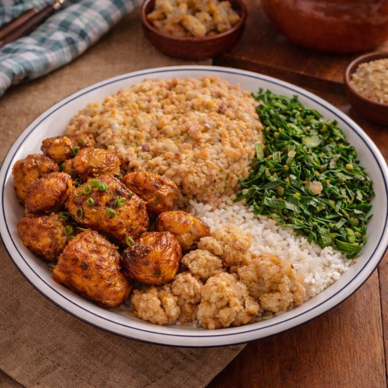 Arroz branco, tutu de feijão bem temperado, pernil na lata em cubos dourados, couve refogada e torresmo crocante. Uma marmita caseira cheia de sabor da roça.