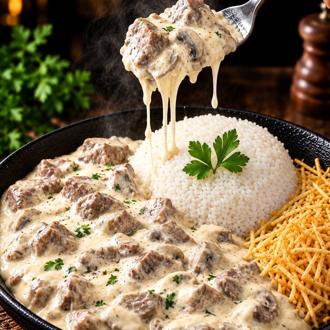 Delicioso strogonoff preparado com suculentos pedaços de carne, molho cremoso e o toque especial do cream cheese, que deixa o prato ainda mais saboroso e irresistível. Uma combinação perfeita de cremosidade e sabor para deixar sua refeição especial!