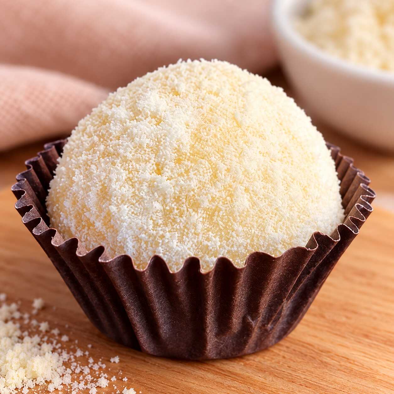 Brigadeiro cremoso de Leite Ninho, envolto em leite em pó, com textura macia e sabor delicado. Aproximadamente 30g por unidade.