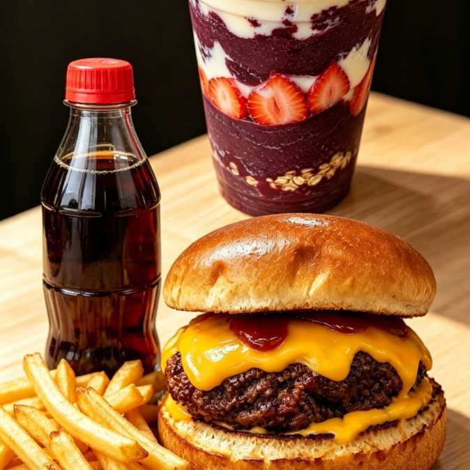 Pão Brioche, 130g Hamburguer Artesanal, Queijo, Molho da Casa + Batata Frita + 1 Refrigerante 200ml. + 1 Copo Açaí Morango, Leite Condensado, Leite Ninho, Granola