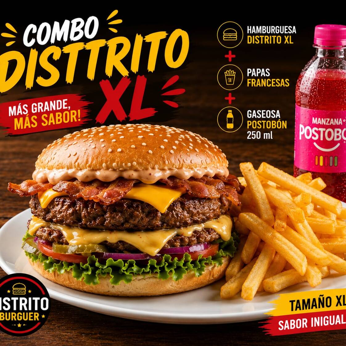 Combo Distrito Xl Hamburguesa + Papas + Gaseosa