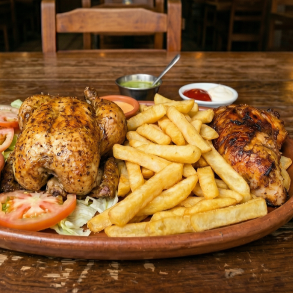 1 pollo con papas + 1/4 pierna con papas