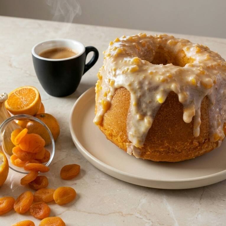 Bolo de laranja com uma calda de damasco deliciosa. Sem lactose. Pesa aprox.600gr. Serve em média 8 a 12 fatias.