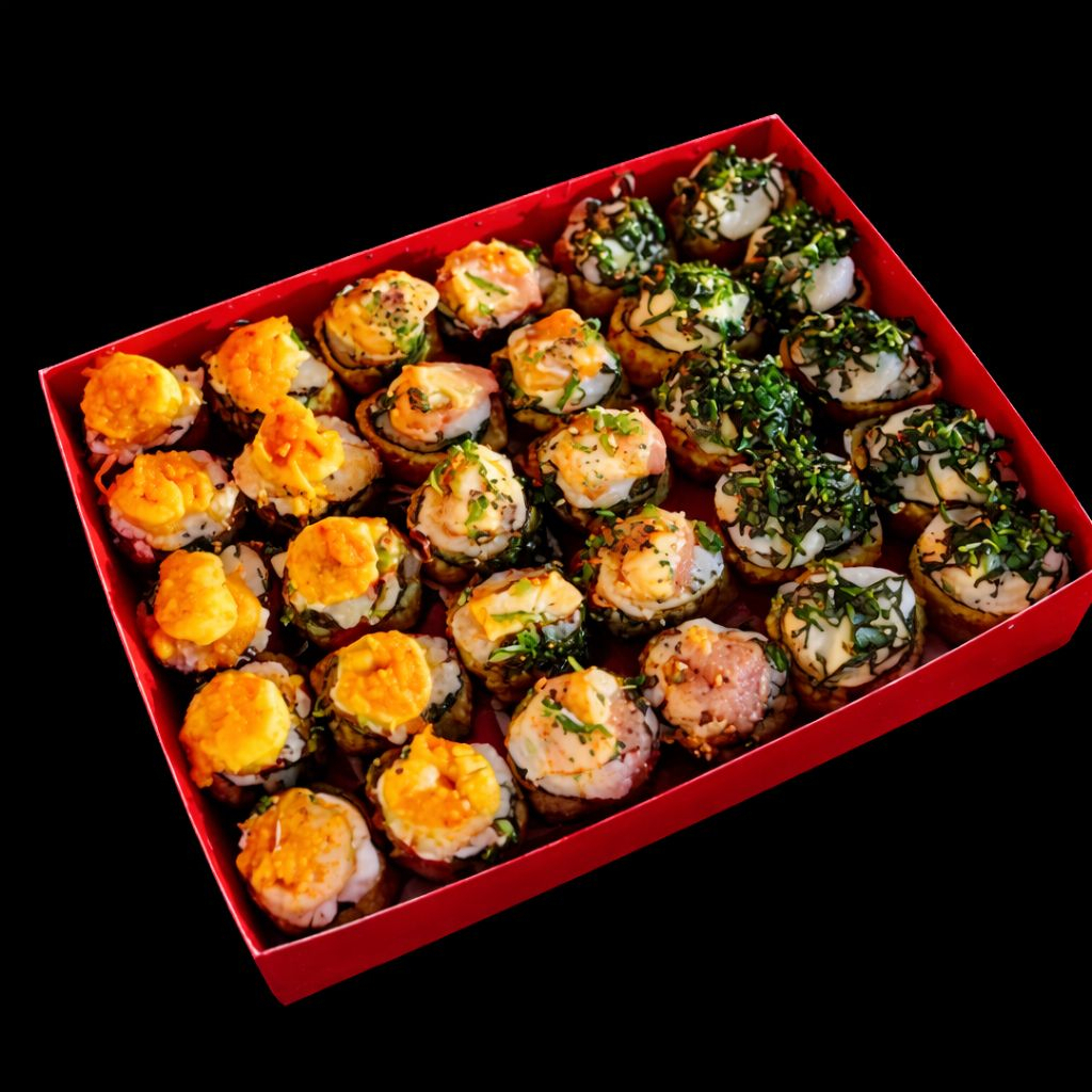 Contém 30 peças: 10 Hot Salmão com Camarão (recheado com cream cheese e camarão, finalizado com molho tarê e pimenta doce), 10 Hot Doritos e 10 Hot Salmão Crispy (recheado com cream cheese e finalizado com crispy de couve e molho tarê). Acompanha 2 pares de hashis, 3 molhos shoyu e 3 molhos tarê.