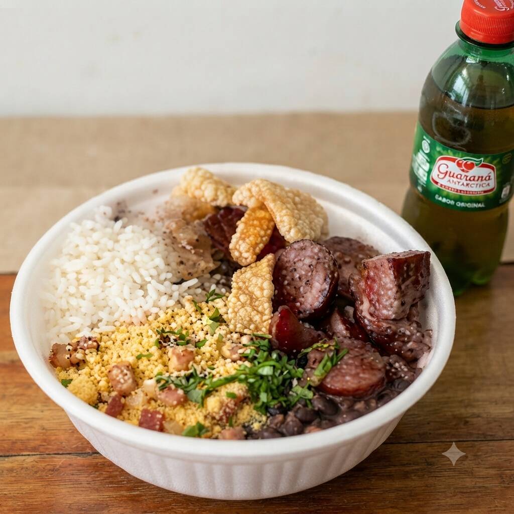 Marmita feijoada magra individual (arroz, costelinha, linguiça calabresa, paio, couve refogado na manteiga, farofa e torresmo). Acompanha refrigerante pet Guaraná Antárctica bem gelado. Marmita indicada para 01 pessoa. Aproximadamente 400g