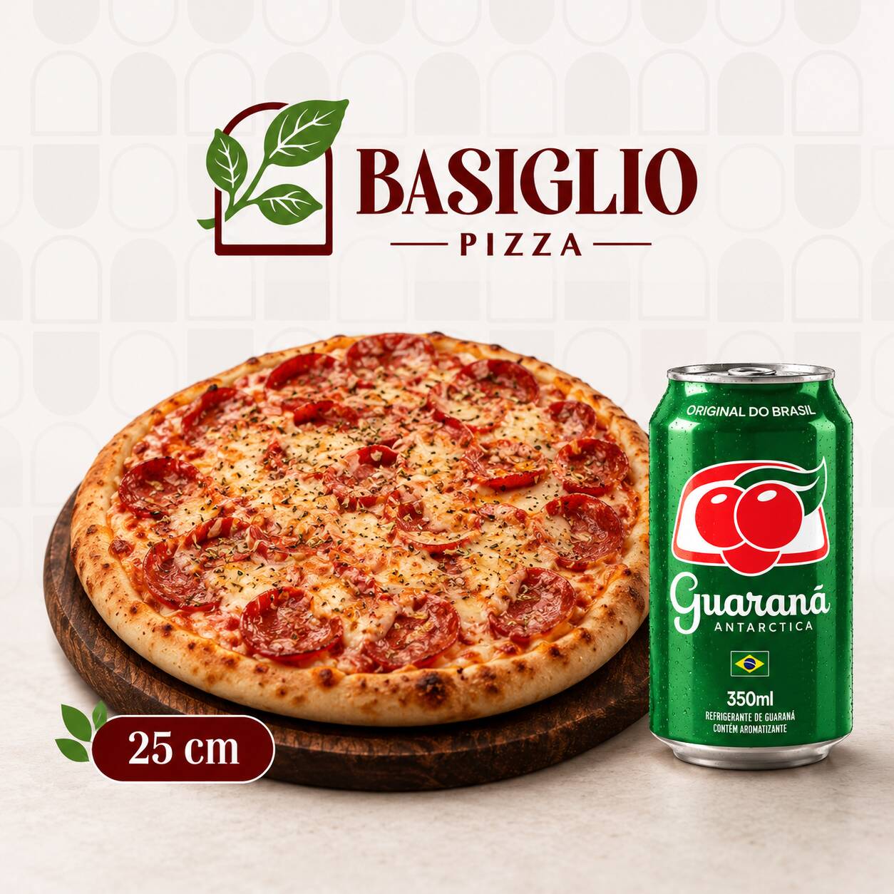 1 Pizza pequena (25cm, 6 fatias) acompanhada de 1 refrigerante lata 350ml.