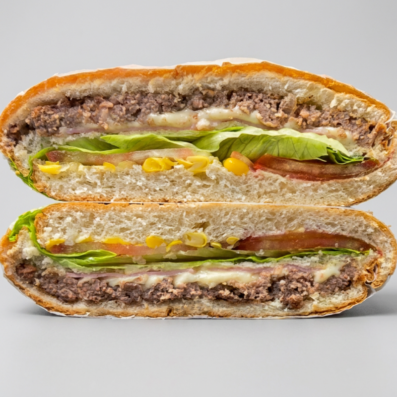 Hamburguer, mussarela, presunto, milho, alface e tomate.