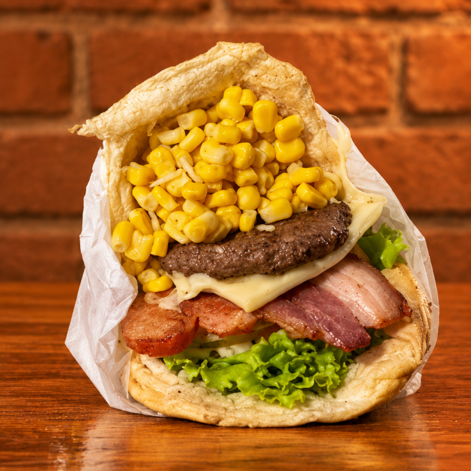 Pão com filé mignon, bacon, queijo, presunto, abacaxi, salada, milho e batata. Uma combinação caprichada que reúne o sabor da carne e do bacon para aproveitar cada mordida!