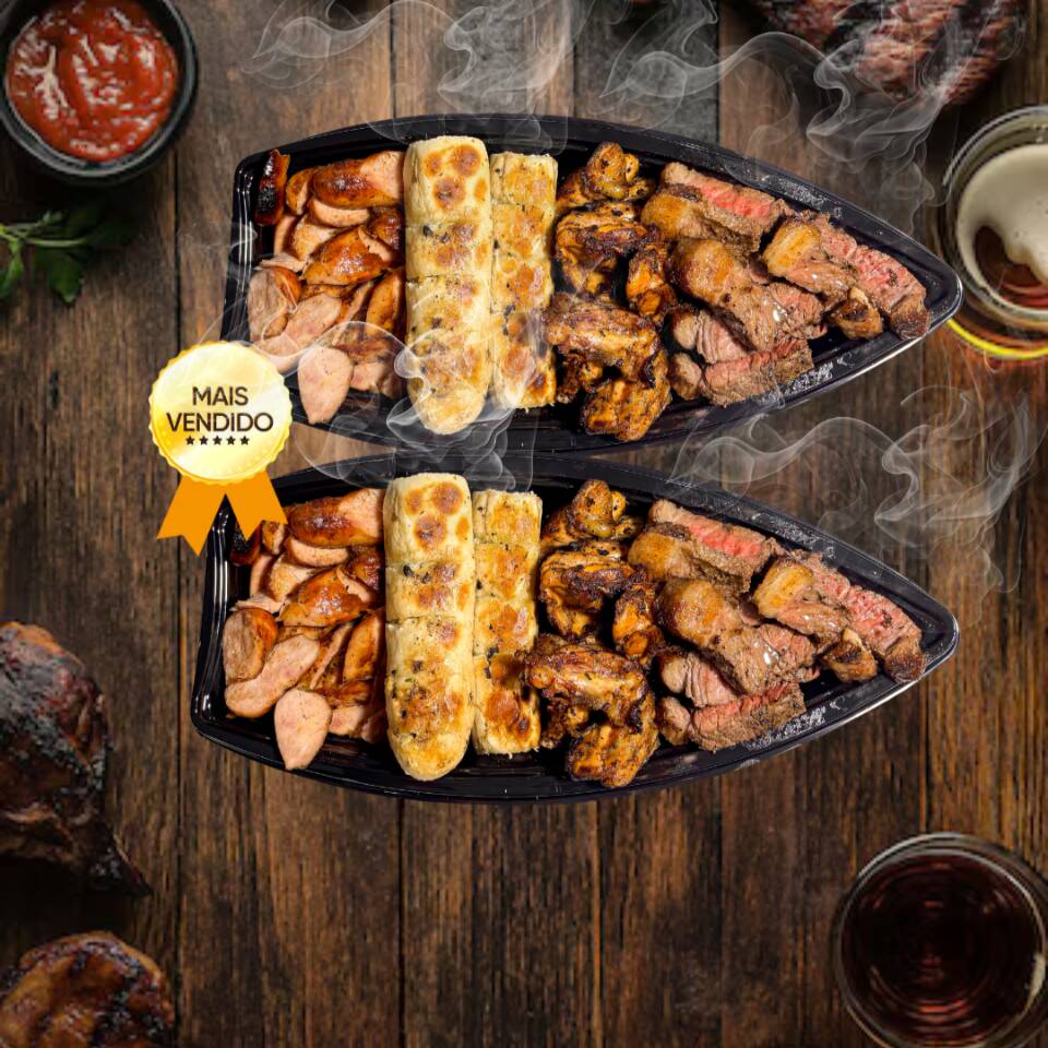 Aproveite a promoção 'Pague 1 e Leve 2 Barcas Gg(2kg) Família Feliz' do nosso cardápio especial do Mês. Você receberá duas generosas barcas tamanho de 1kg Grande, cada uma repleta de saborosos ingredientes: Fraldinha ou Contra filé desmanchando, linguiça suculenta, frango macio e pão crocante, todos harmoniosamente juntos e acentuados por uma deliciosa farofa c