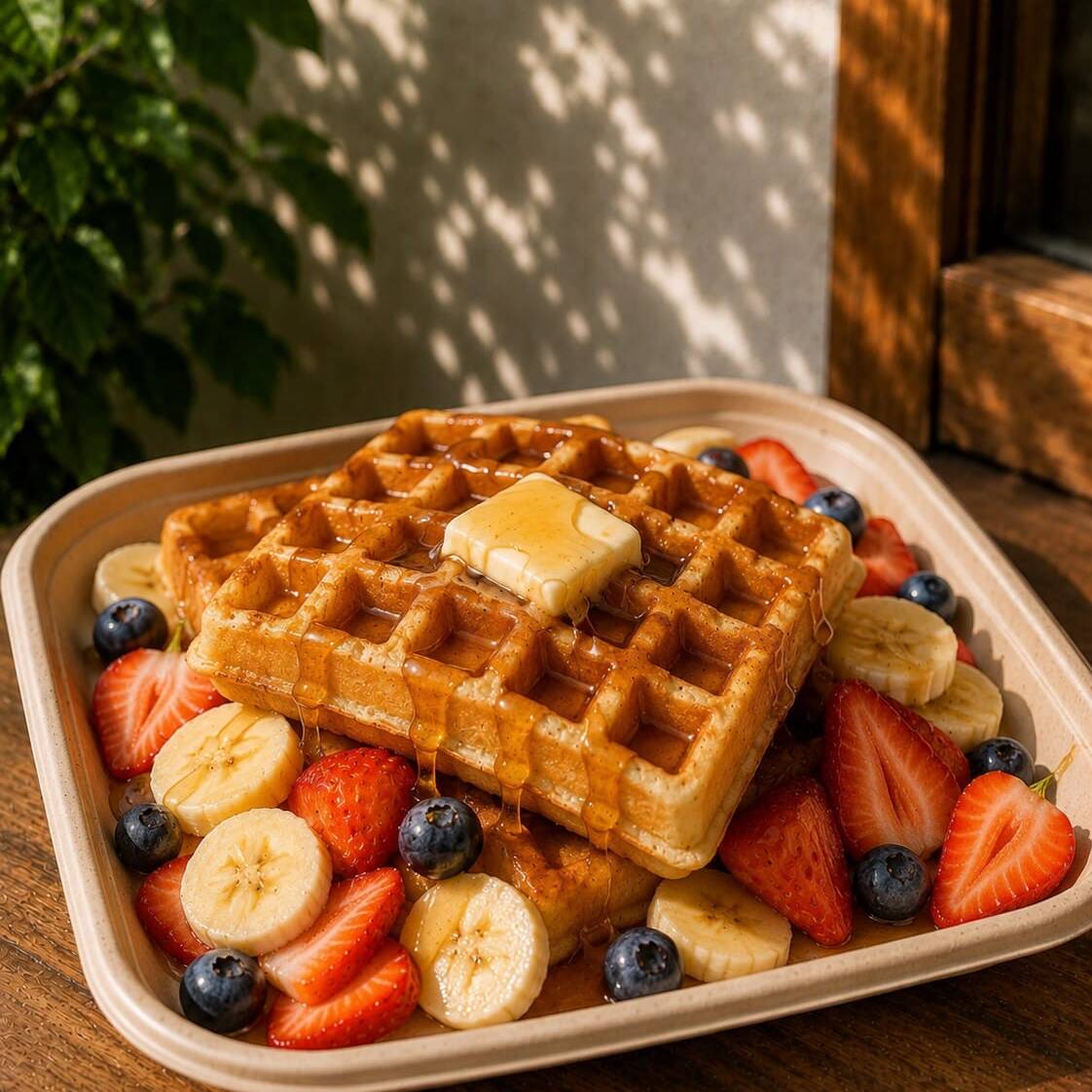 Waffles Con Mantequilla, Miel Y Fruta