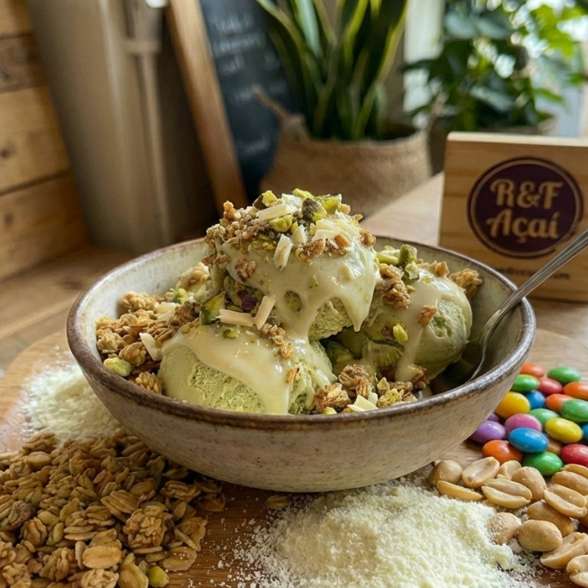 Leite em pó, granola, 1 fruta ,leite condensado ,bolinha de cereal e calda *Obs: Se não quiser granola pode substituir por amendoim, paçoca ou farinha lactea. Informar na observação! Se não, vai conforme esta descrito acima