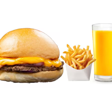 Hambúrguer suculento com queijo, batatas crocantes e suco natural de 500ml à sua escolha. Uma refeição deliciosa e completa para qualquer momento!