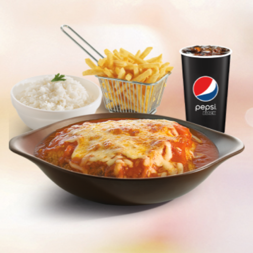 Filé de frango à parmegiana com arroz e fritas + Refrigerante lata.