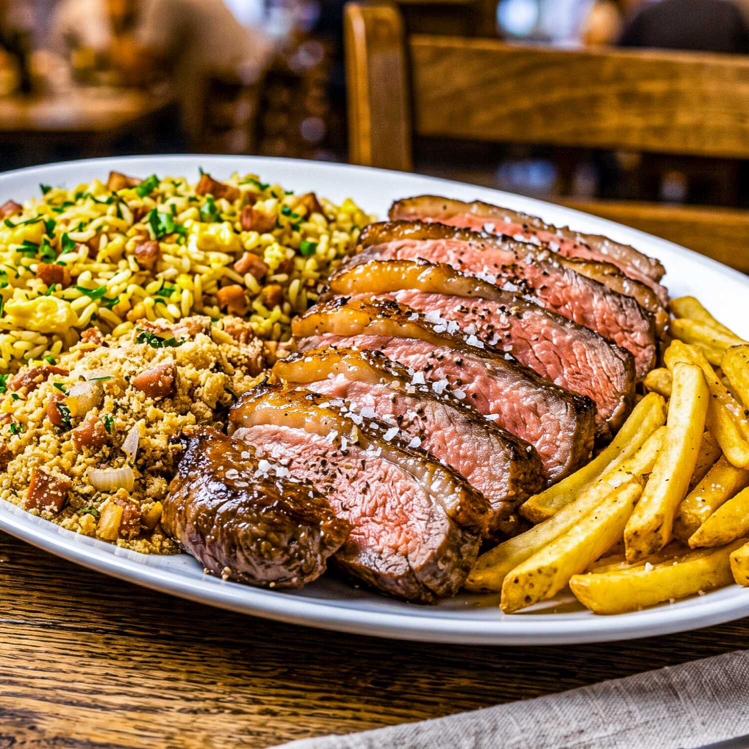 A estrela da casa! 750g de picanha Red Angus, conhecida por sua maciez e sabor inigualáveis. Acompanha arroz Biro-Biro, farofa temperada artesanal e batatas fritas crocantes.
Dica: escolha entre mandioca cozida, mandioca frita ou legumes salteados para completar seu banquete!