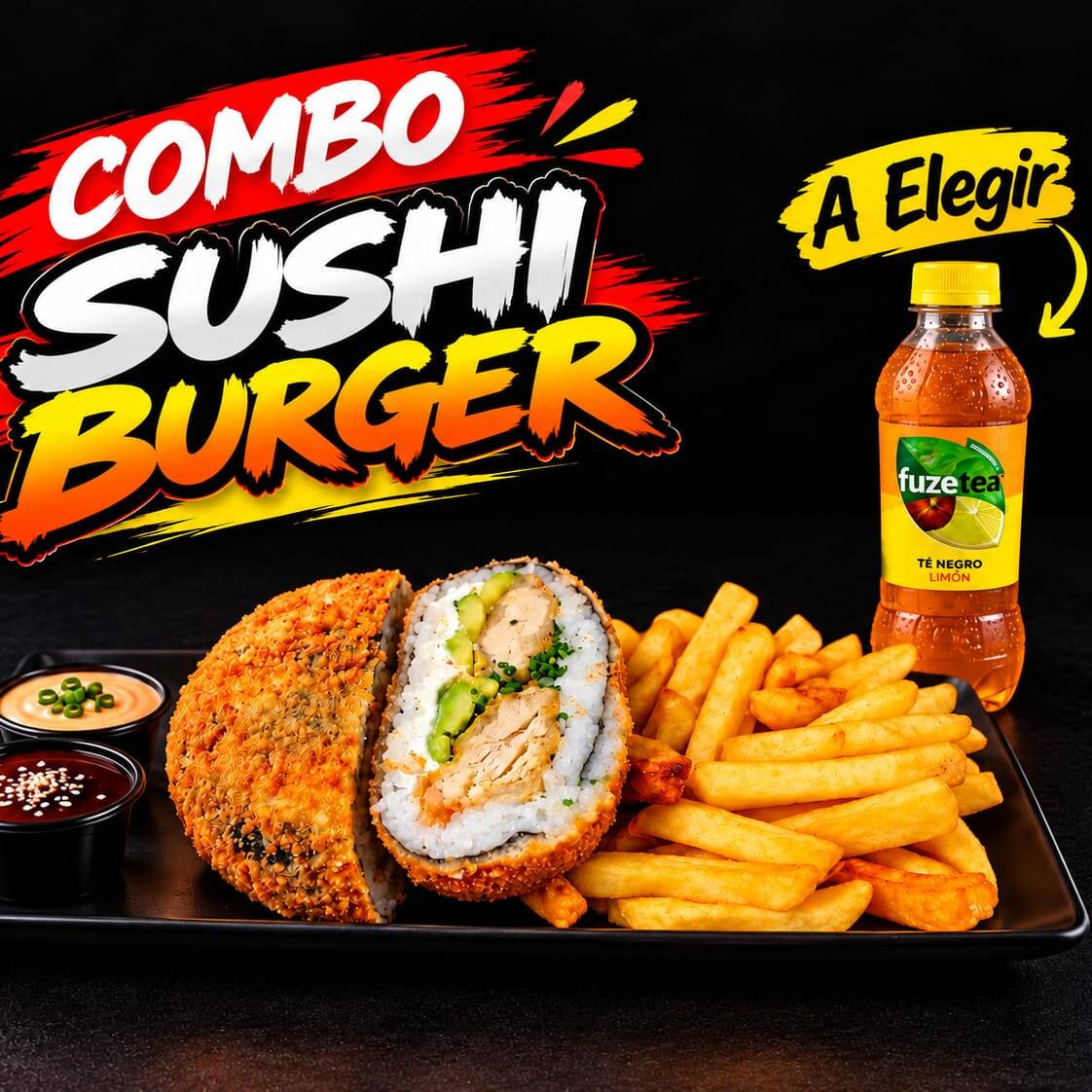 1 Sushi Burger Pescado + Papas Fritas + Té Frío