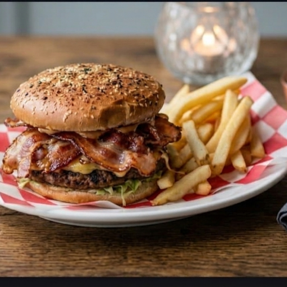 Hamburguesa con Tocino y Papas a la Francesa