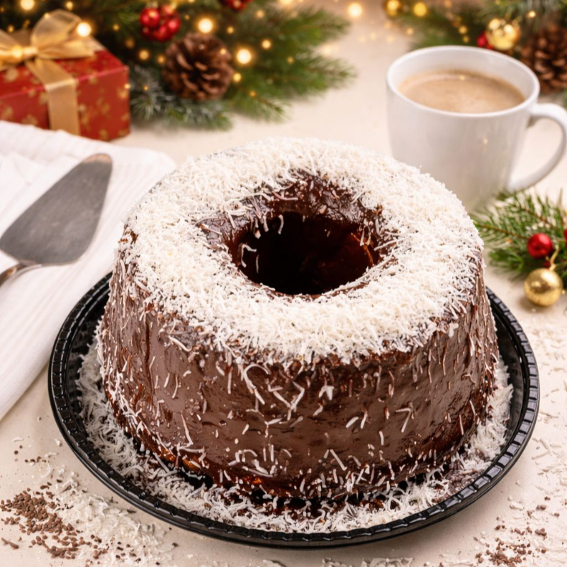 Bolo de chocolate com cobertura de chocolate e coco em flocos por cima , combinação perfeita