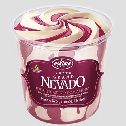 Sorvete sabor artificial de iogurte, mesclado com polpa de amora. Colorido artificialmente. Aromatizado artificialmente.