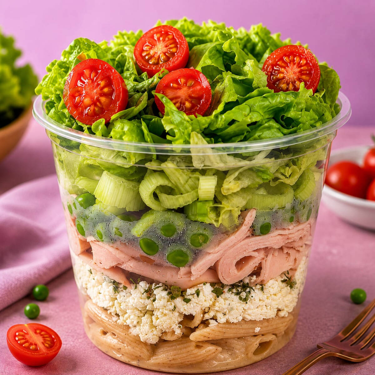 Macarrão integral, ricota temperada, presunto, ervilha, tomate, alho-poró e mix de folhas