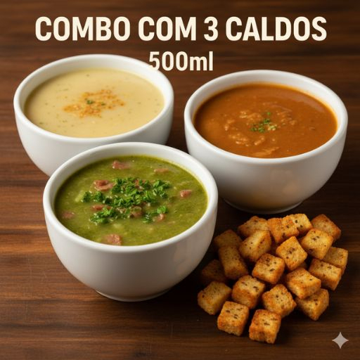 Aqueça seu Dia com essa seleção deliciosa! Escolha três caldos diferentes e ainda ganhe uma torradinha temperada crocante de brinde. Mais sabor, mais economia e o triplo de aconchego no seu prato. Ideal para dividir ou se deliciar sozinho com variedade! Pagando mais barato.
