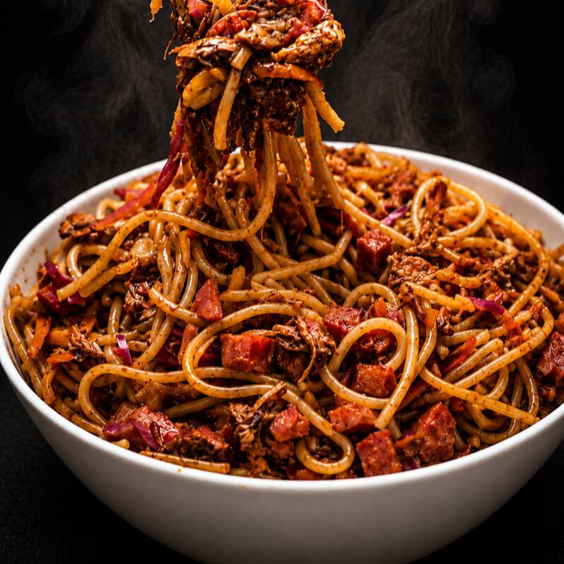 Nosso Macarrão Na Chapa Acompanha Frango Desfiado, Bacon Em Cubos, Pimentão, Cenoura E Repolho Roxo. Finalizado Com Molho Shoyu. Um Prato Colorido, Cheio De Sabor E Textura, Perfeito Para Quem Gosta De Uma Refeição Completa. Nossa Marmitex É G.