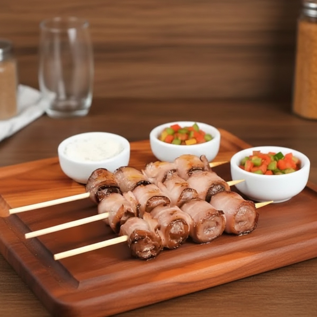 Acompanha Farofinha E Chimichurri. Para os fãs de sabores intensos e autênticos! O Medalhão de Coração combina o sabor marcante do coração de frango envolto em bacon crocante, grelhado até a perfeição. Uma combinação única, com texturas suculentas e um toque defumado que faz toda a diferença. Perfeito para quem busca algo especial!