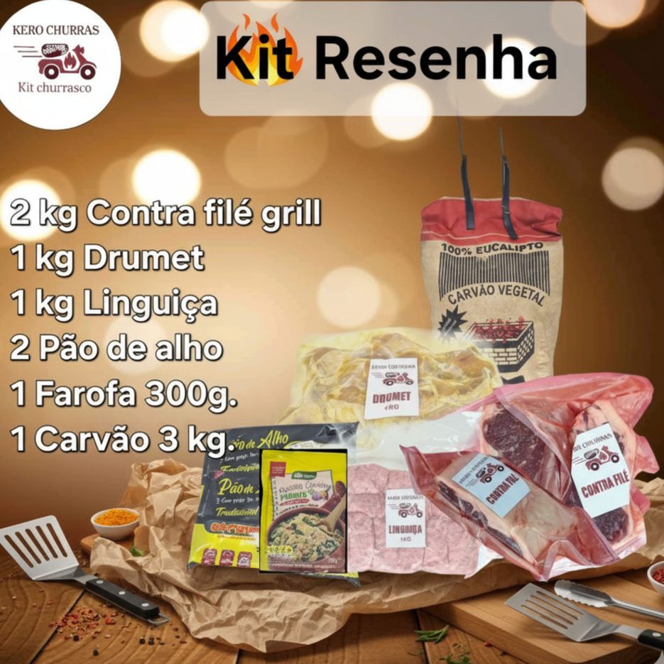 Kit churrasco para aproximadamente 10 pessoas. Com 2 kg Contra filé grill, 1 kg Drumet temperada, 1 kg Linguiça, 2 pcts de pão de alho, 1 farofa 300g, 100g sal de parrilla, 1 carvão 3 kg.