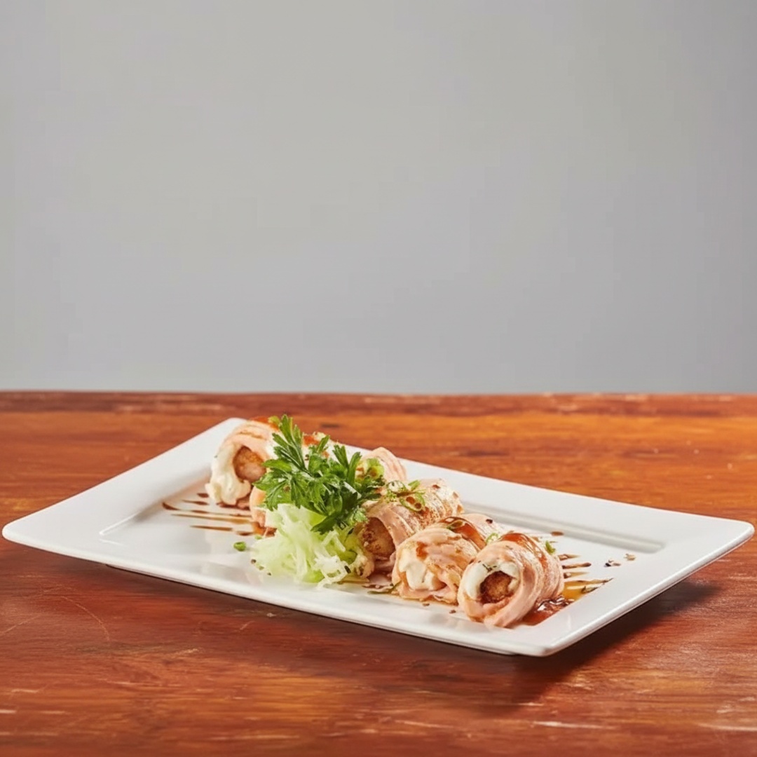 Camarão crocante e cream cheese envolto por salmão maçaricado e molho barbecue.
Acompanha: Hashi, Shoyu, Teriyaki.