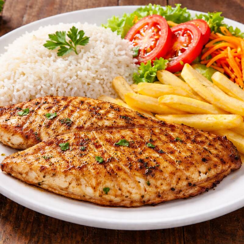 Filé de tilápia preparado do seu jeito: grelhado, ou à milanesa com molho e queijo. Acompanha arroz, batata frita e salada.