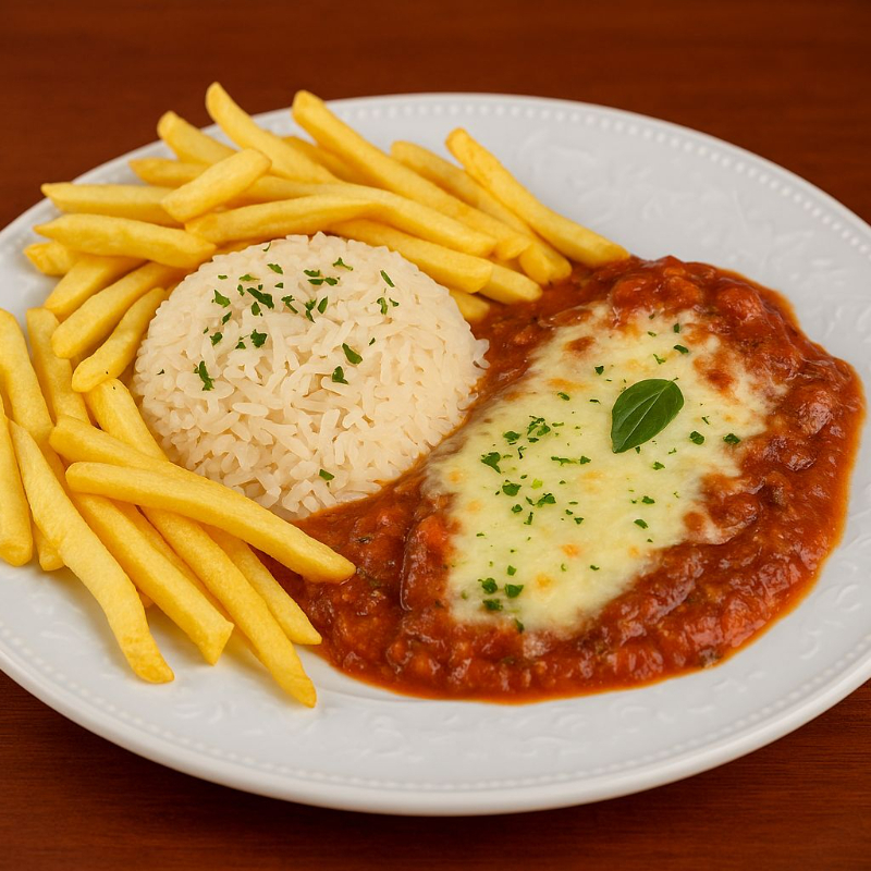 frango em iras ao molho cremoso. Acompanha arroz branco e batata frita crocante.