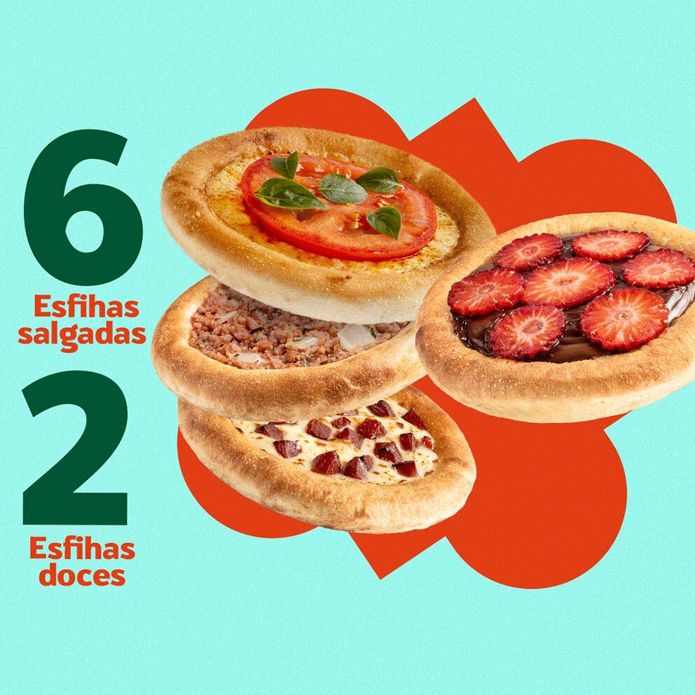 Combo Completo: 6 esfihas salgadas e 2 deliciosos doces para você experimentar o melhor de dois mundos. Ideal para quem busca variedade e sabor em uma refeição!