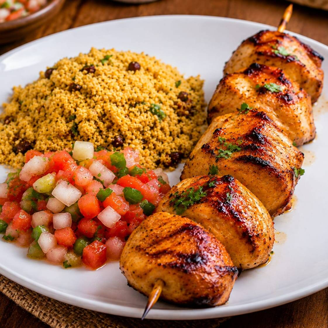 Delicie-se com um espeto simples acompanhado de molho e farofa, perfeito para um lanche rápido e saboroso.