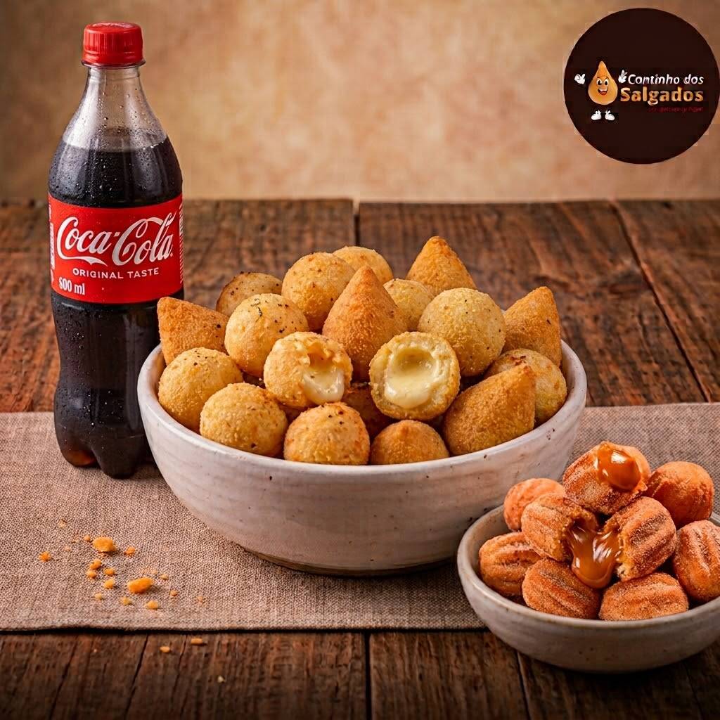 Combo festa composto por 50 mini salgadinhos sortidos nos sabores: Queijo e milho com queijo 40 mini churros e uma coca cola 600.