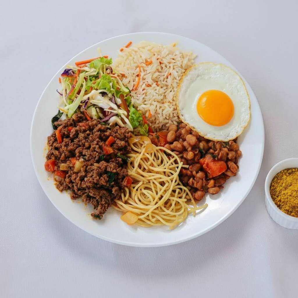 Acompanha arroz soltinho, feijão temperado, macarrão al dente, salada fresca e farofa crocante. Uma marmita completa e saborosa.